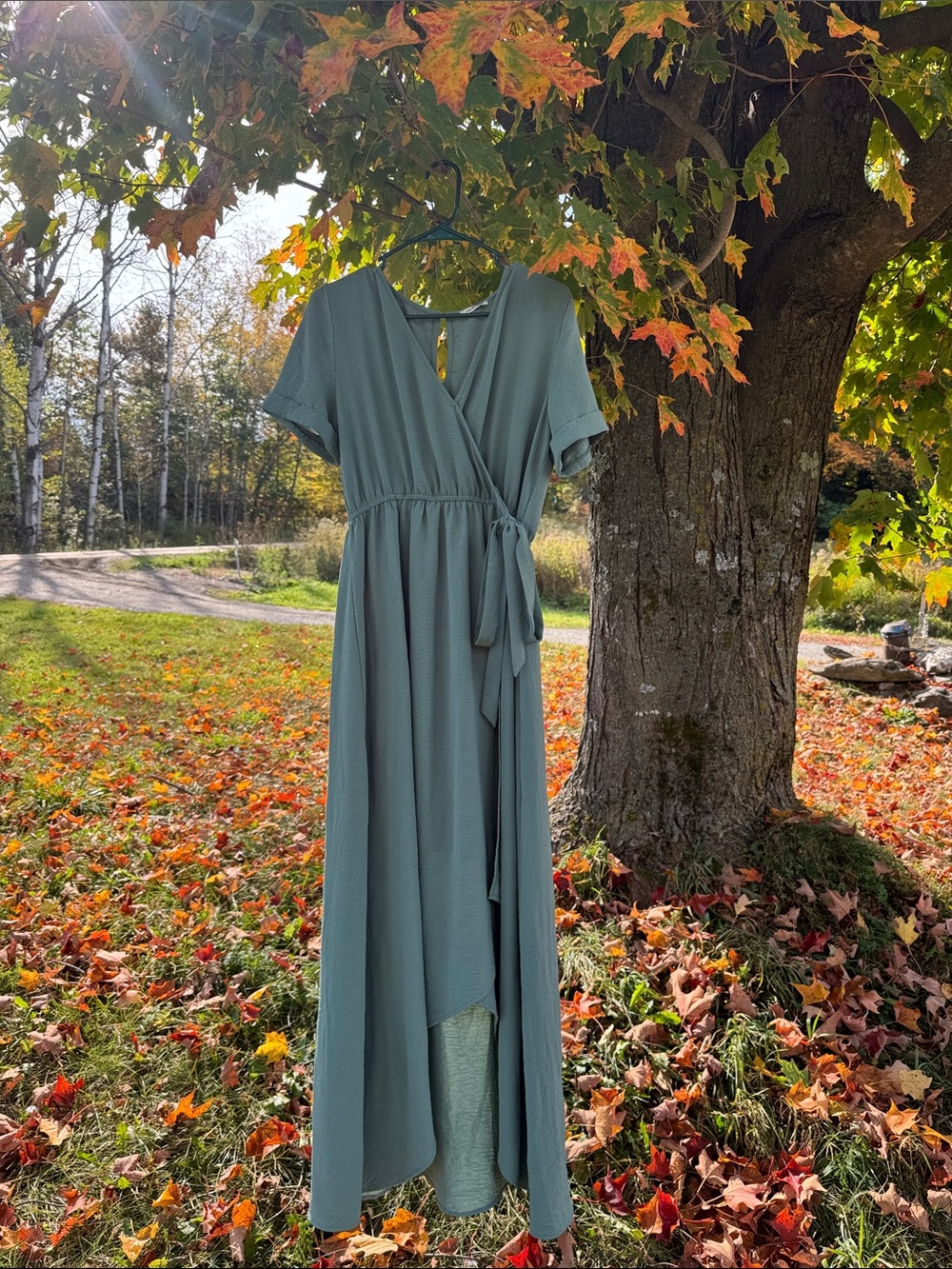Women’s Sage Green High-Low Wrap Maxi Dress with Tie Waist